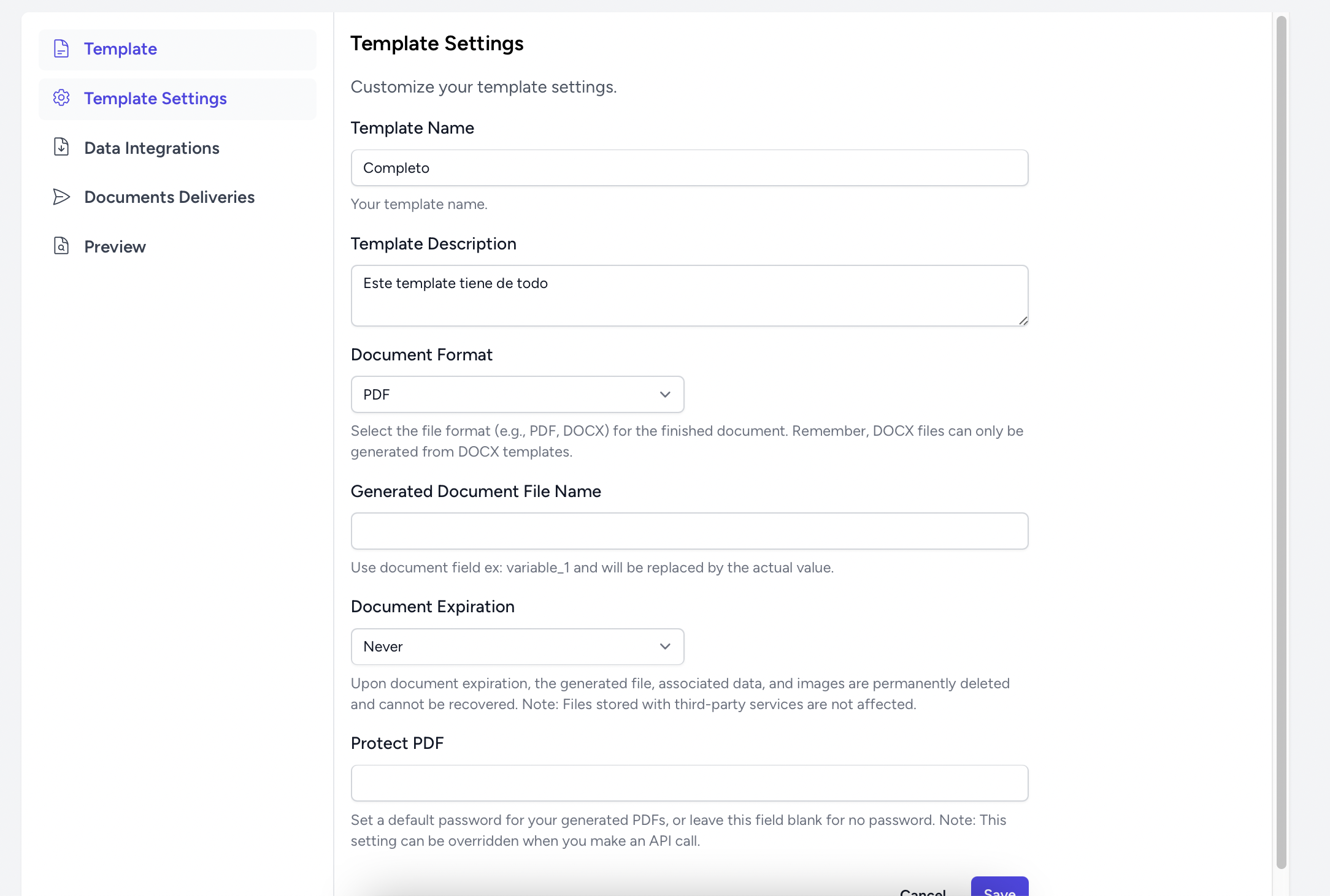 AutomatedDocs - Template Settings Screen